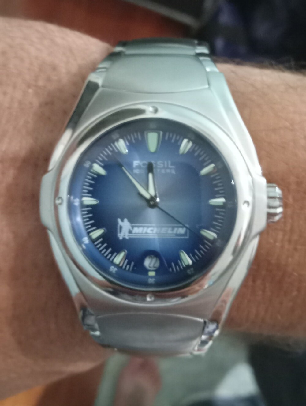 Vintage Fossil Blue AM-3709 Michelin Tires Promo Watch New In Snowflake Tin Set